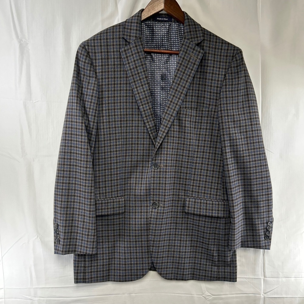 Alan Flusser Sport Coat Mens 40R Blue Brown Micro Check Stretch Blazer
